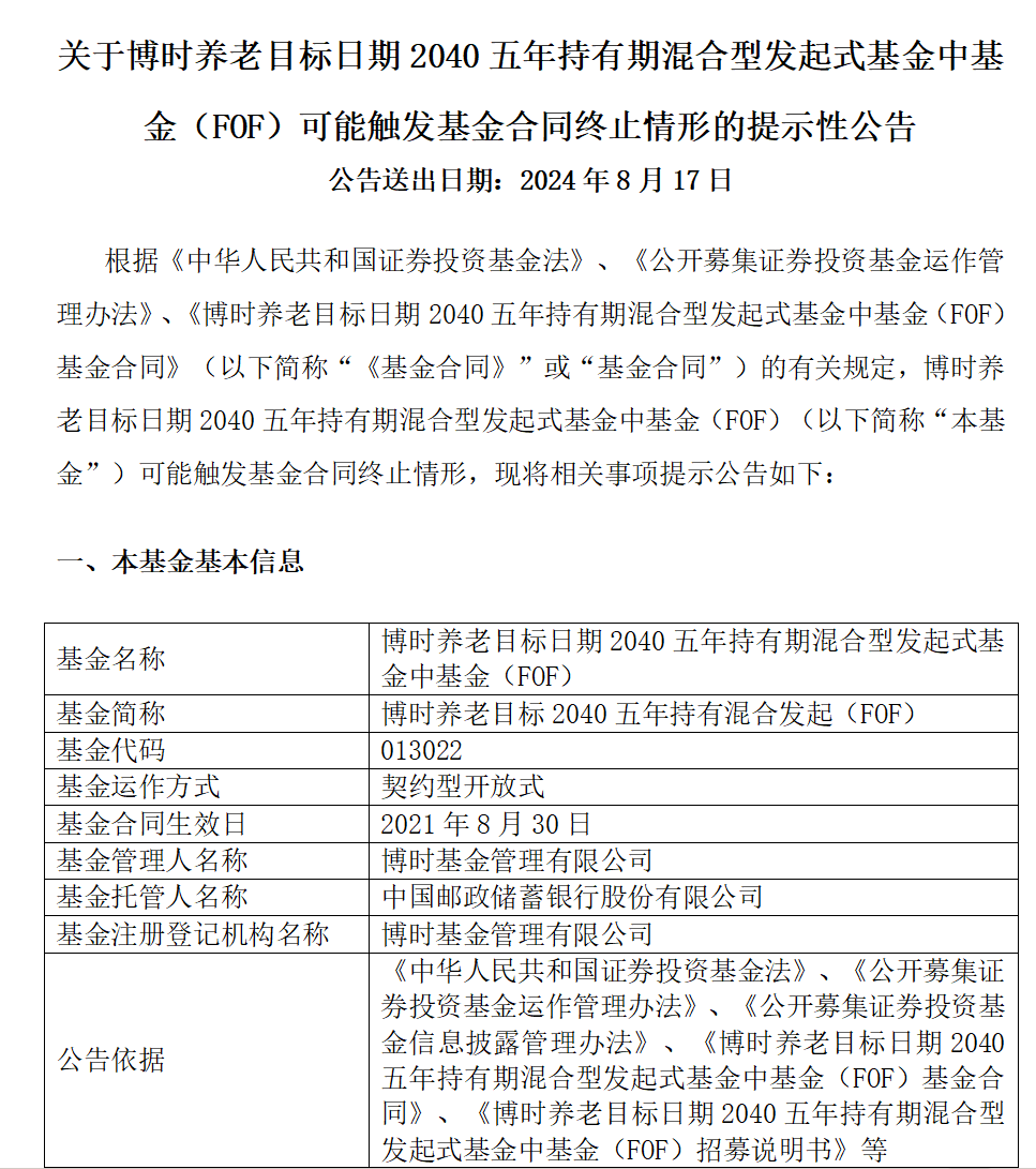 博时基金三款养老FOF拉响清盘警报