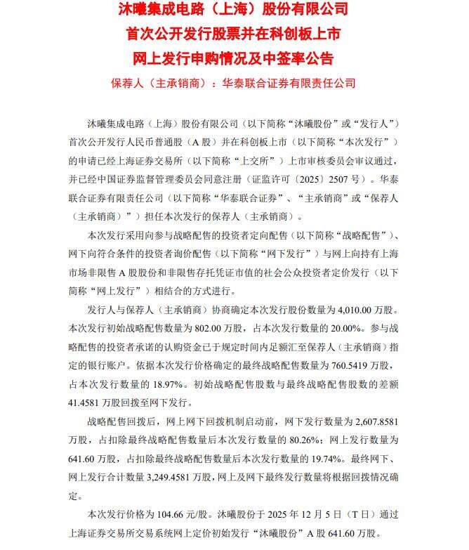 沐曦股份网上发行中签率升至0.033% 沐曦股份网上发行中签率升至0.033%
