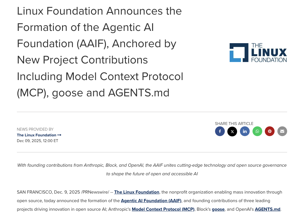多家科技巨头联合成立AI代理基金会 多家科技巨头联合成立AI代理基金会
